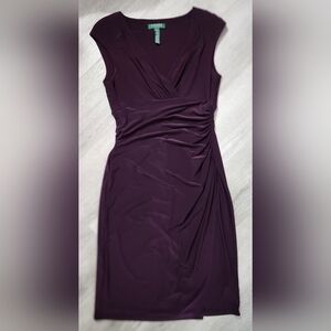 Lauren Ralph Lauren Plum Purple Ruched Jersey Dress Size 8 Sleeveless Faux Wrap